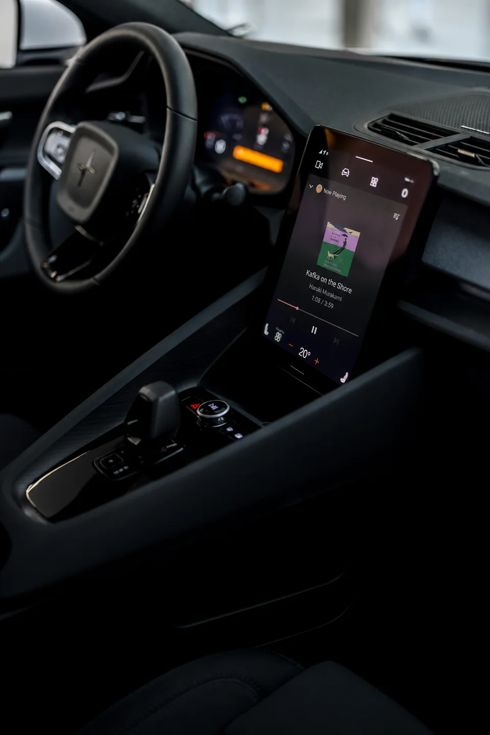 Polestar 2 interior with the Norrsaga audiobook player composited onto its touchscreen.